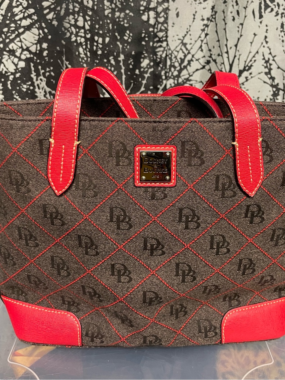 Dooney & Bourke Brown Signature Tote with Red Trim